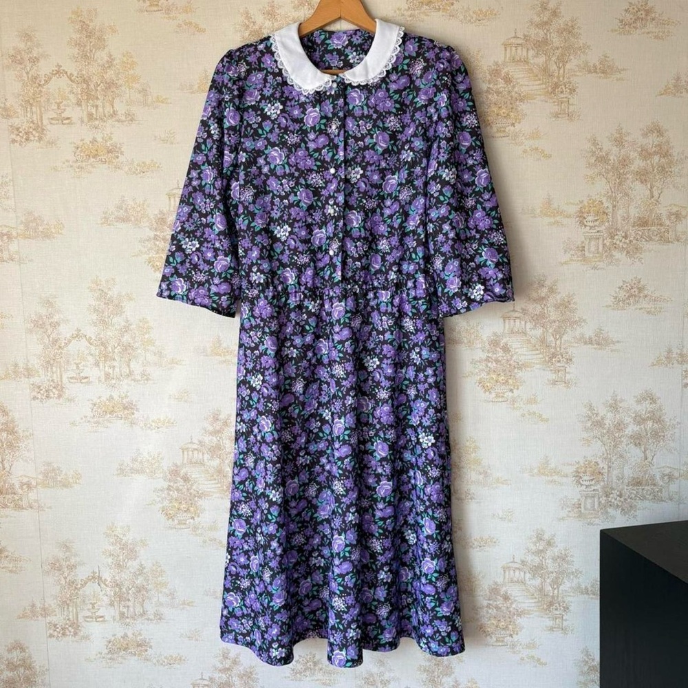 Vintage 70s purple floral Peter Pan collar pearl button cottagecore midi dress